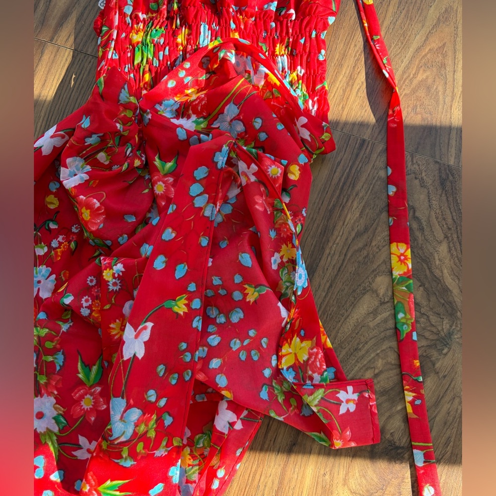 Vintage 70s Red Floral Maxi Dress with Multicolor Flowers - Picture 9 of 9